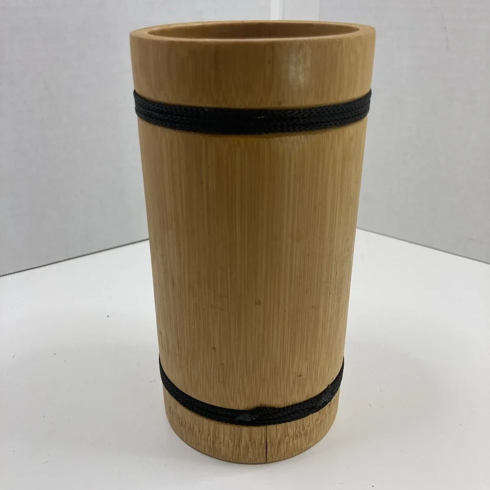 Natural Bamboo Cylinder Vase Decorative Container with Black Cord Accents 7.25in